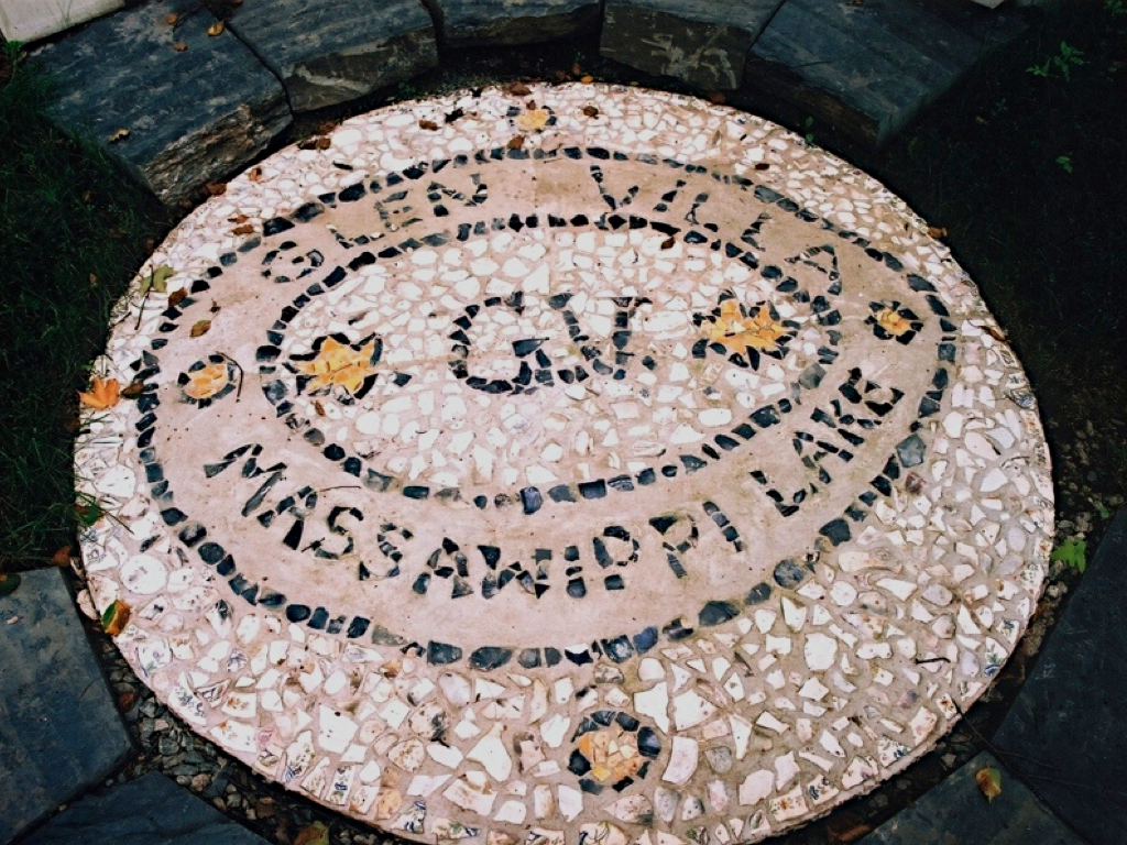Some pieces of the broken china we found showed the name and location: Glen Villa Inn, Massawippi Lake. Local artist Caroline George used them to form this mosaic welcome mat at the entry.