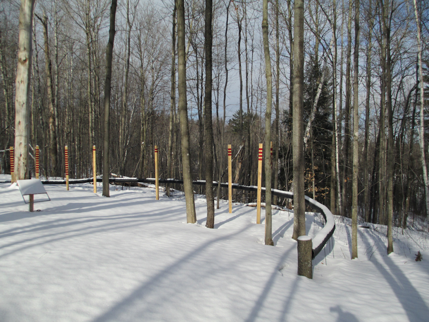 The shadow of a tall dead tree marks the hour, shown by the number of red lines on the upright wooden posts.