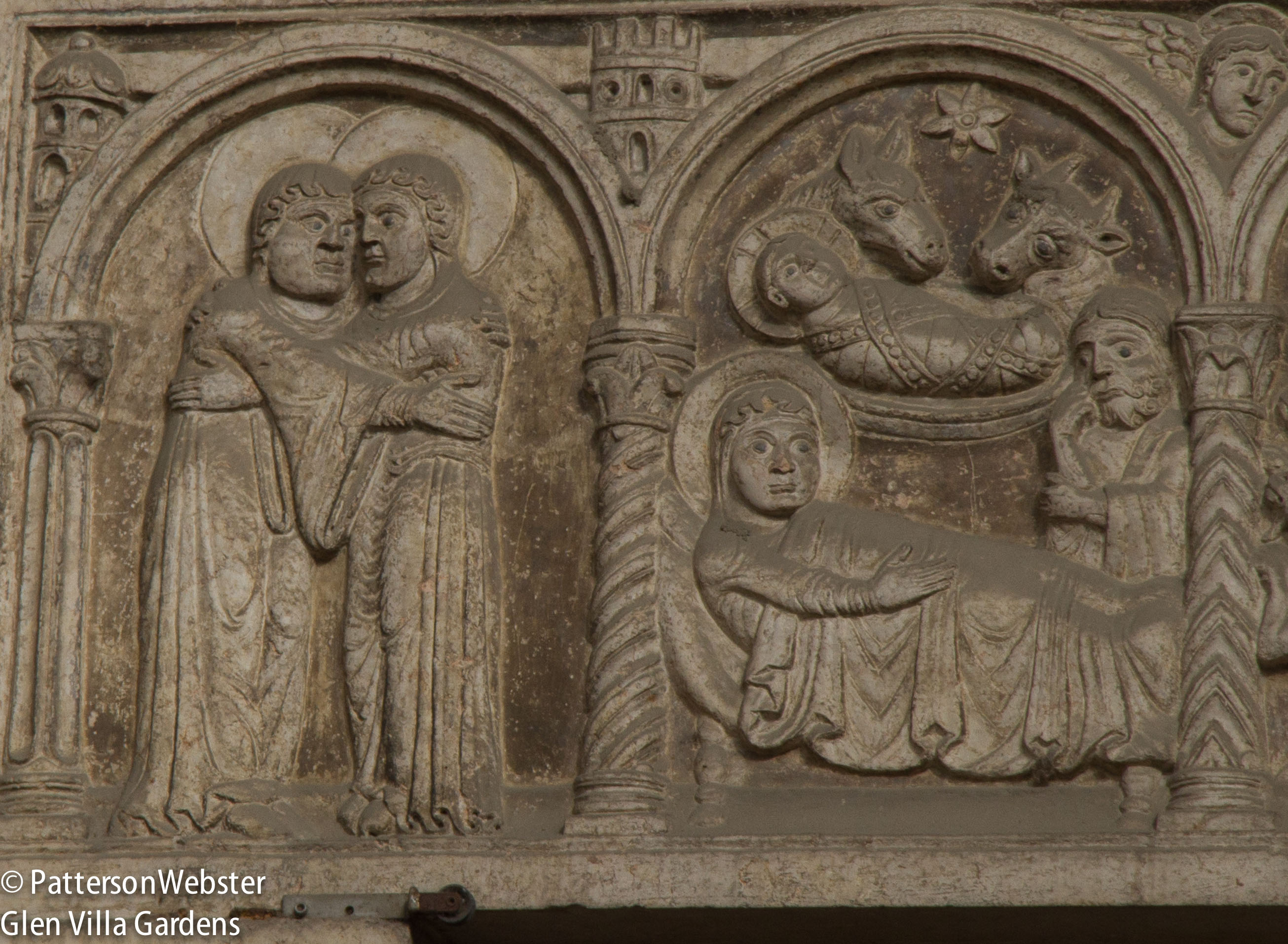 The nativity is on the right. I' m not sure what scene is shown on the left. Possibly  it is the marriage of Mary and Joseph.