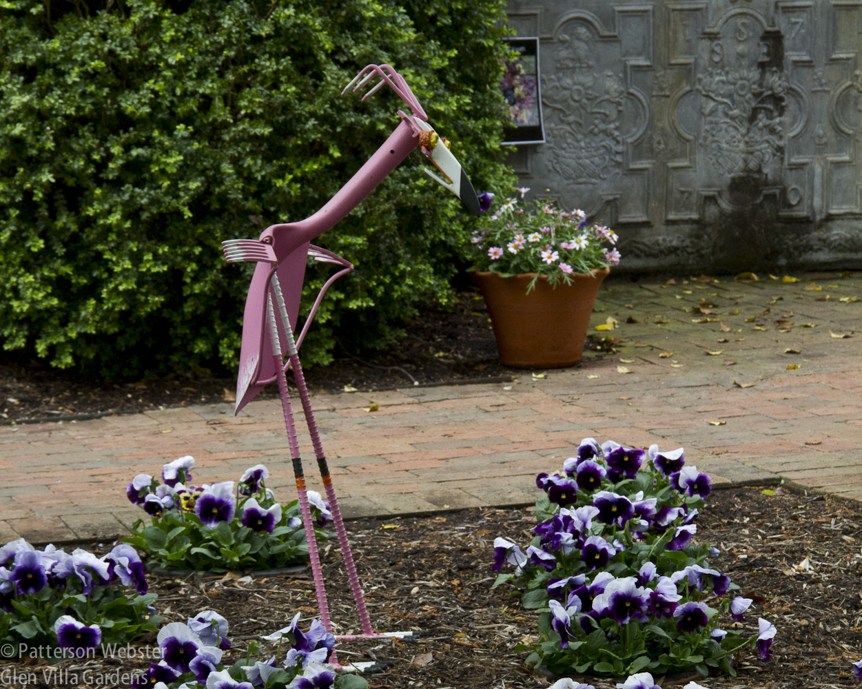 At Mt Cuba, an American garden that specializes in plants of the mid-Atlantic states, a pink flamingo made of spades and trowels seems decidedly out of place.  