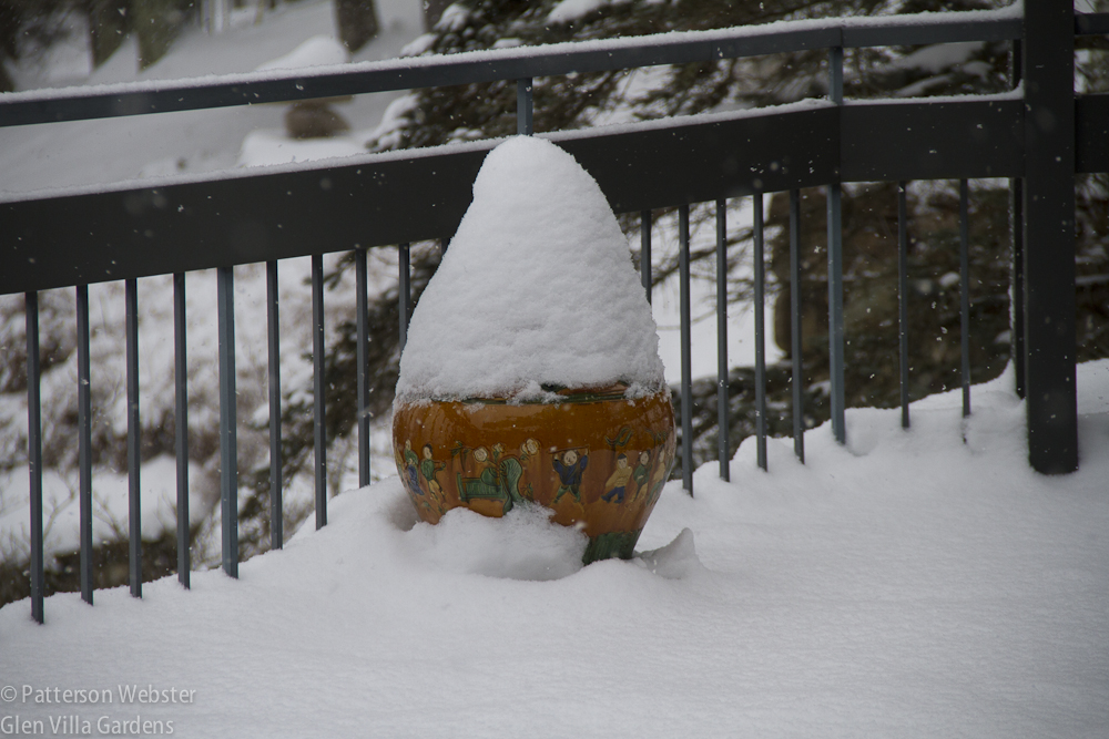 The Chinese pot is wearing a peaked cap of snow.