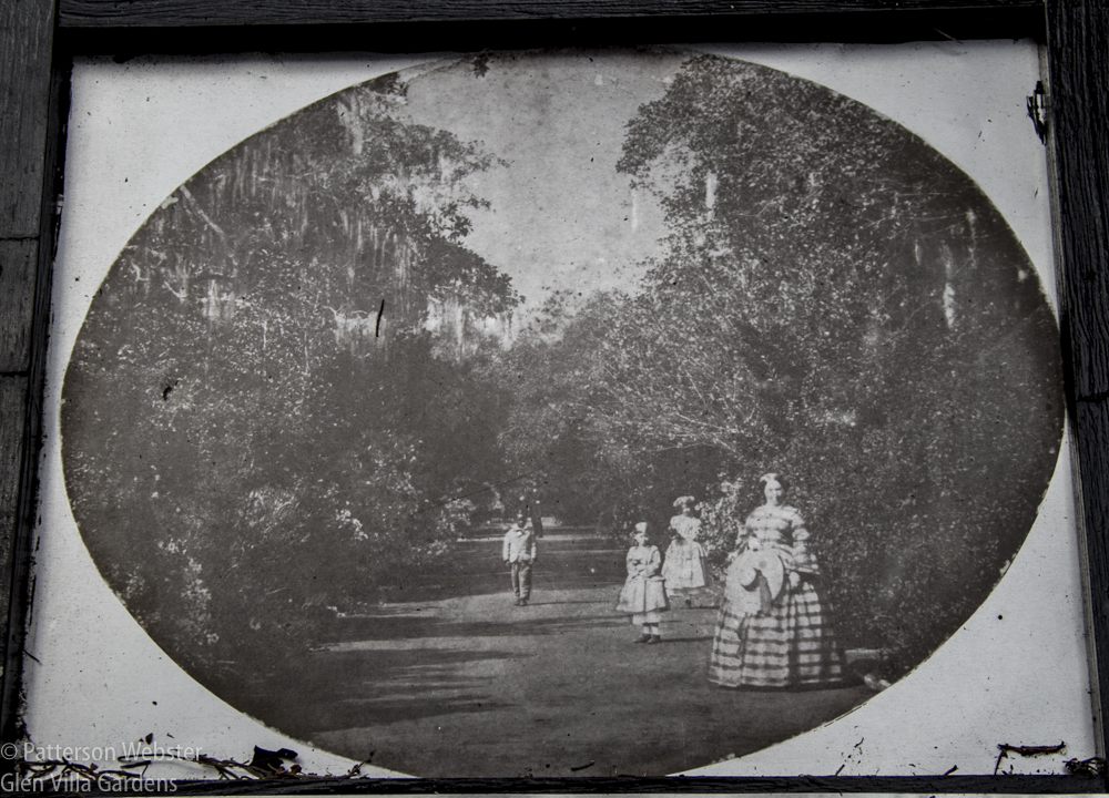 This photo is displayed in the garden. The caption reads "From this spot 150 years ago, this picture was taken of the wife and daughters of the Rev. John Drayton. While those who care for it come and go, over its 300 years of wars and hurricanes, the ever-changing garden of Magnolia Plantation seems never really to change --- "