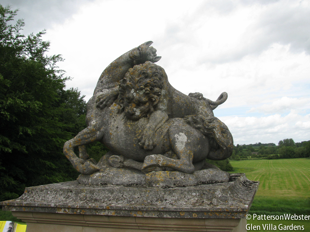 he statue of a lion attacking a horse is particularly violent. Set against a backdrop of a peaceful fields, it creates a note of tension and suggests a violent confrontation between peace and war. The notion of duality continues throughout the garden. 