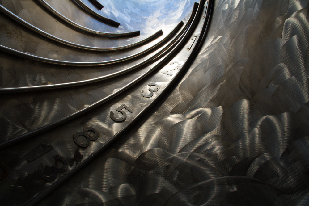 A Fibonacci sequence appears on the inside of this metal element at the Garden of Cosmic Speculation. 
