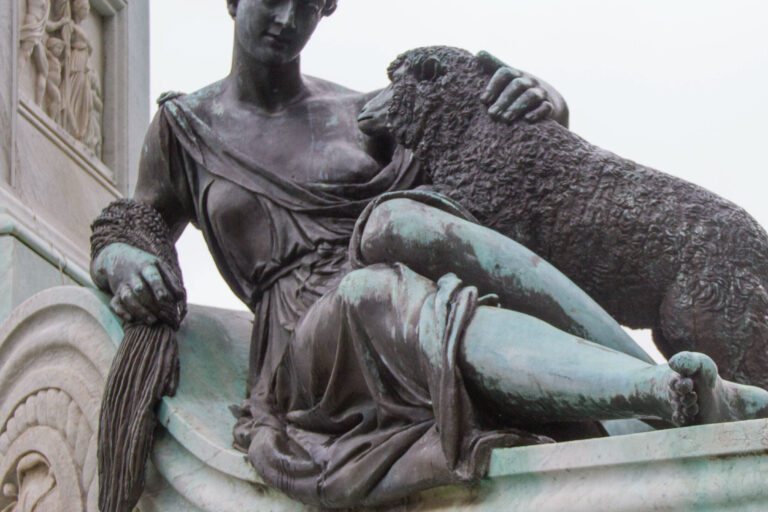 This figure is part of the Governor Phillip fountain in the Sydney Botanical Garden in Australia. This figure represents Agriculture. Other figures represent mining, commerce and navigation. Much smaller are four bas reliefs of Aborigines.