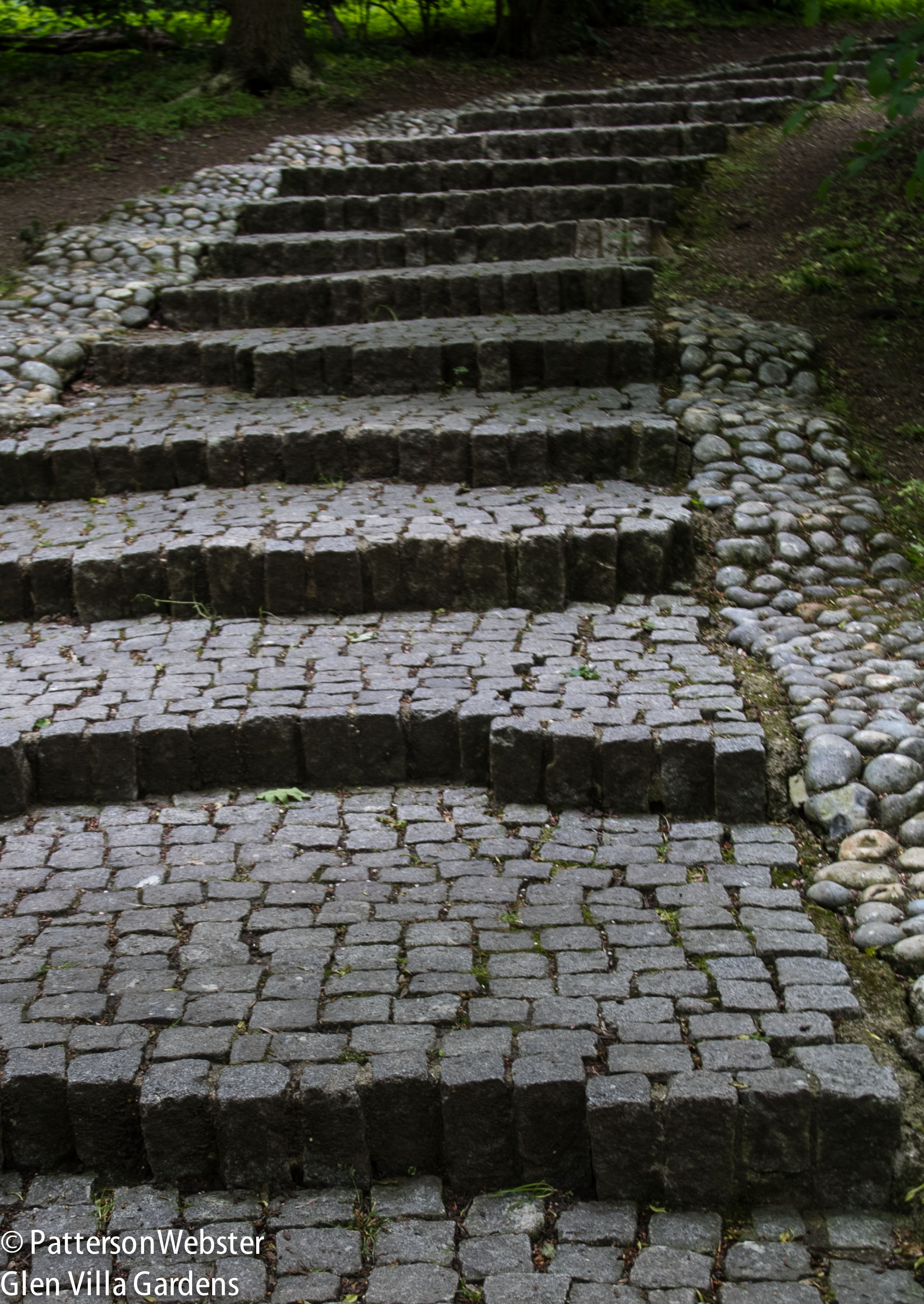 The front edge of each step is uneven. Each step is different, and each sett is unlike the others. 