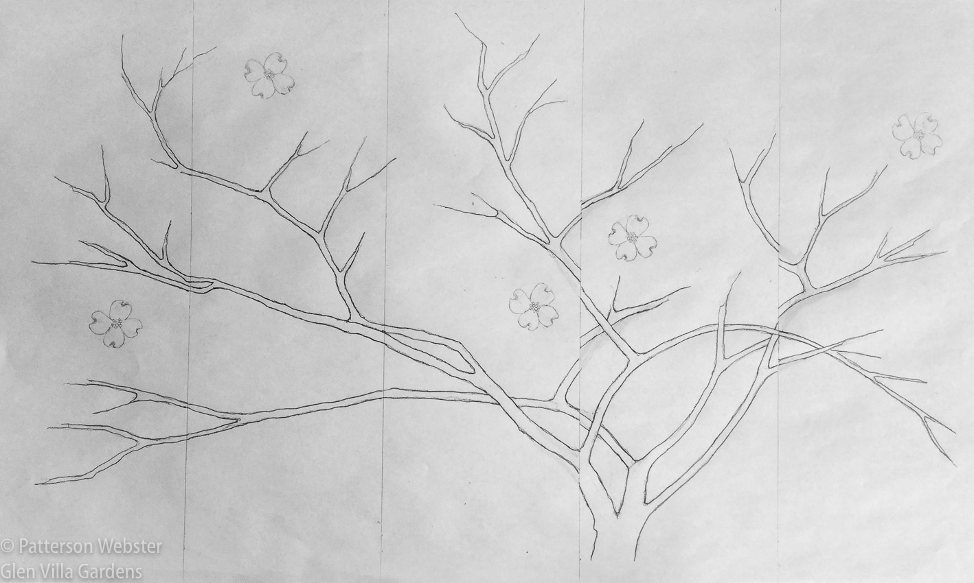 Mary Martha Guy's design shows the bare outline of the tree, with five over-sized dogwood flowers positioned in a gentle curve.