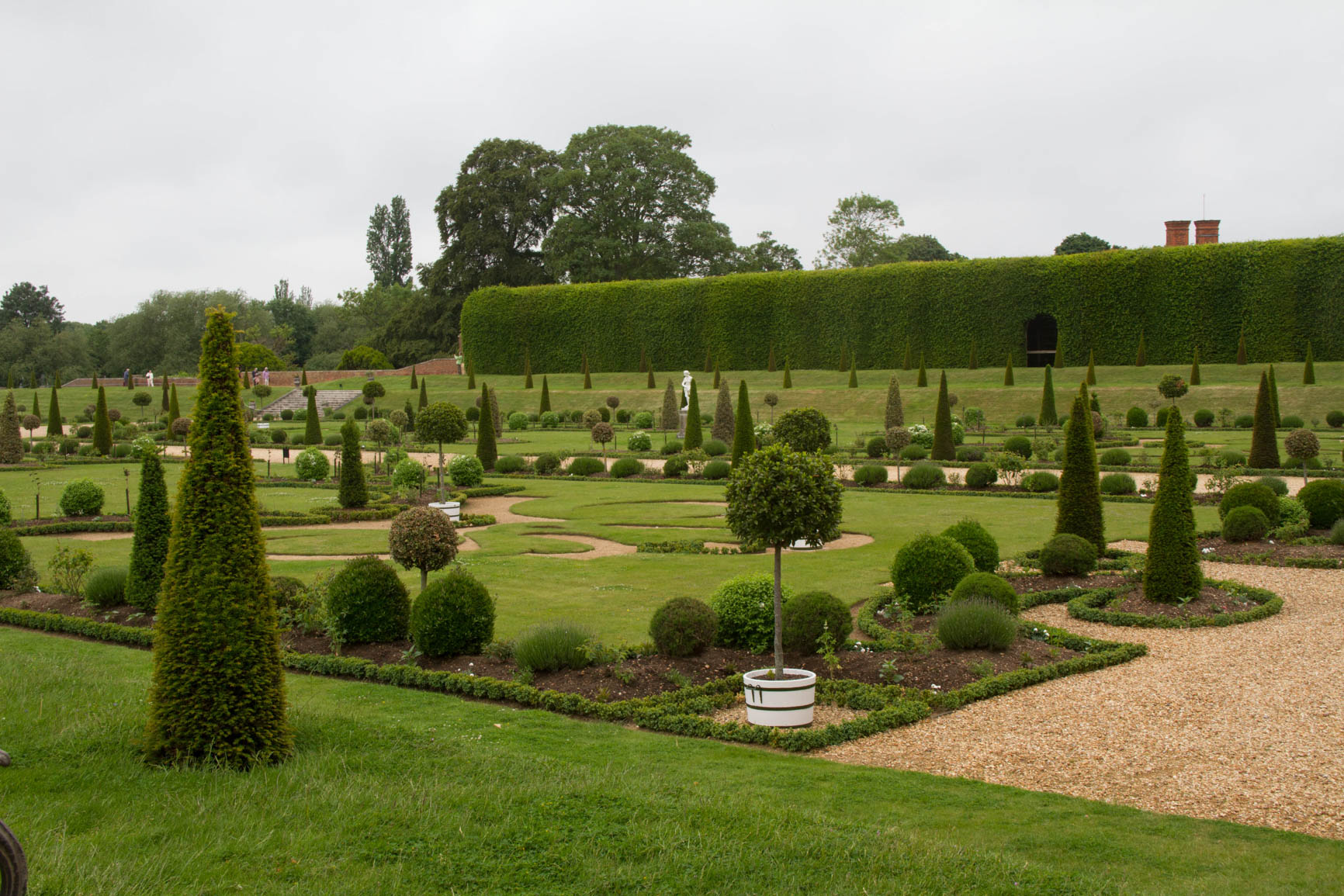 The 17th century-style garden at Hampton Court Palace features cones, balls and other geometric shapes. 