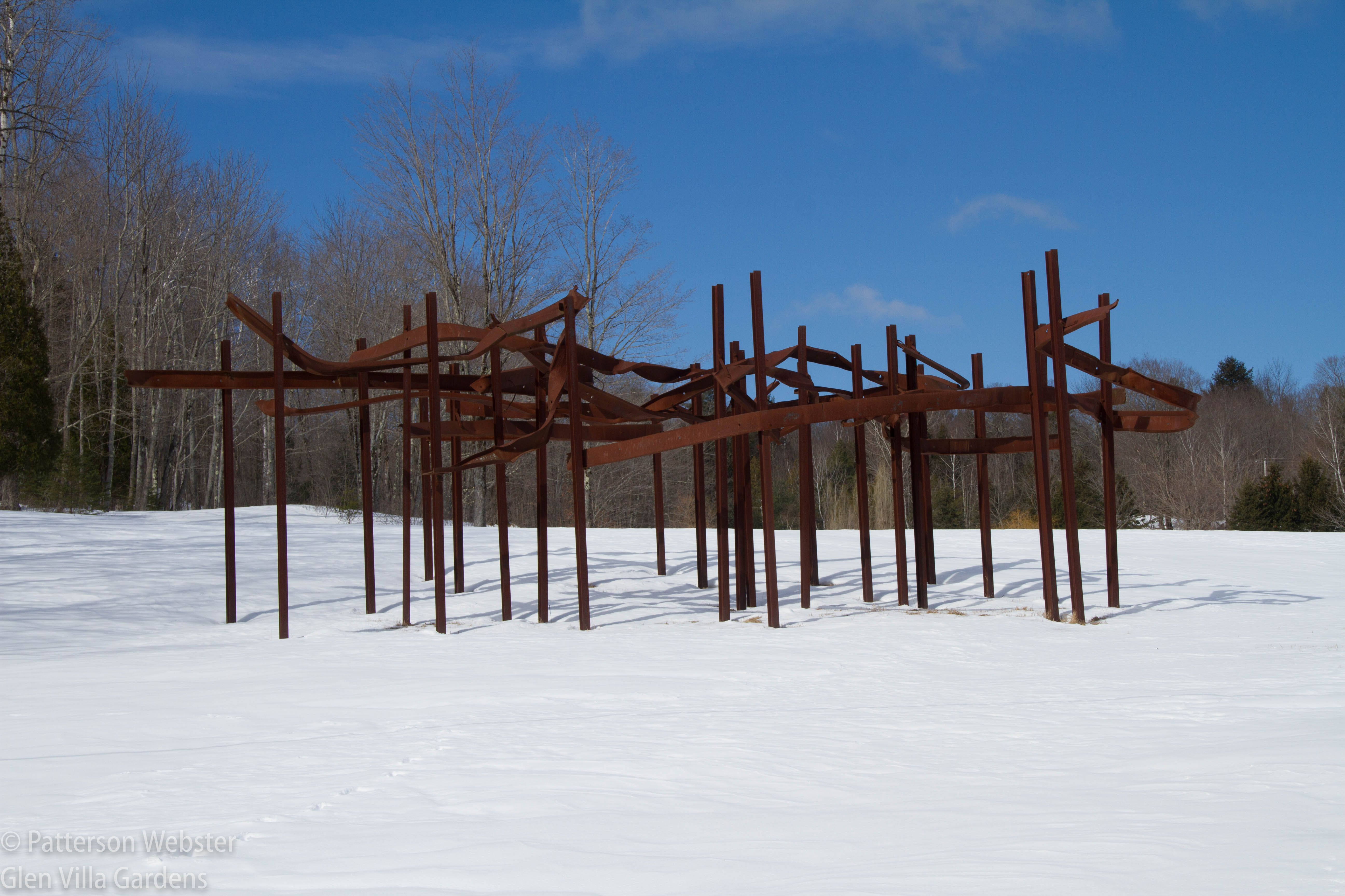 Bridge Ascending, a sculpture by Louise Doucet and Satoshi Saito, incorporates twisted girders from an old covered bridge. 