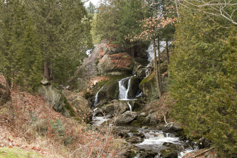Glacial erratics form part of the waterfall at Glen Villa. T