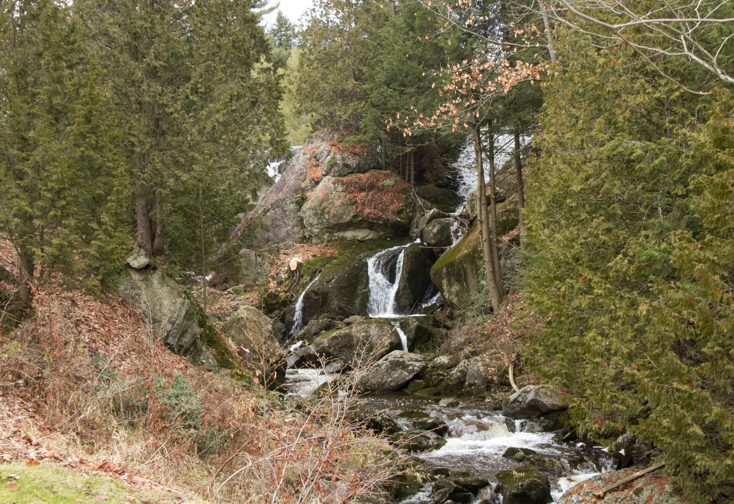Glacial erratics form part of the waterfall at Glen Villa. T