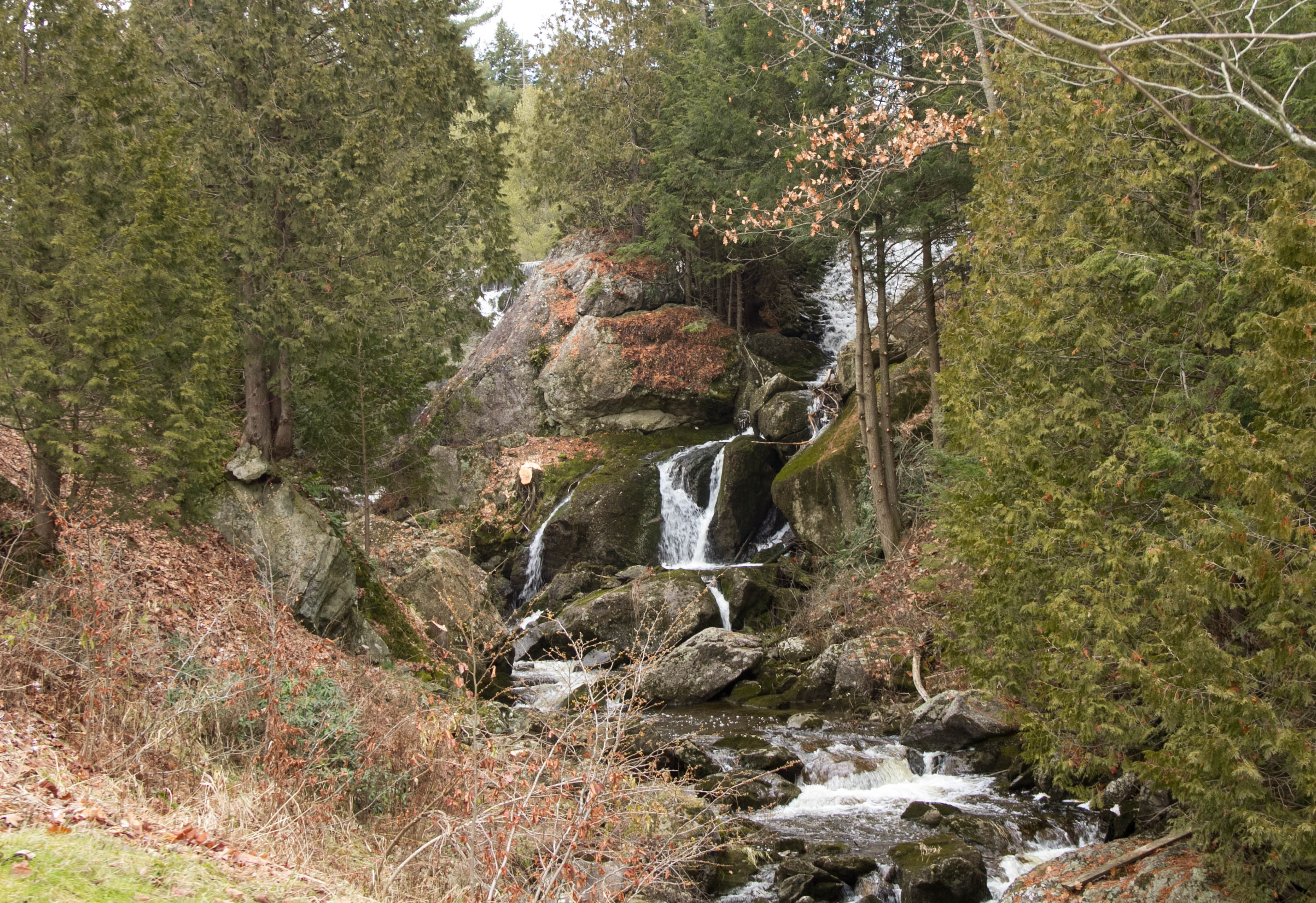 Glacial erratics form part of the waterfall at Glen Villa. T