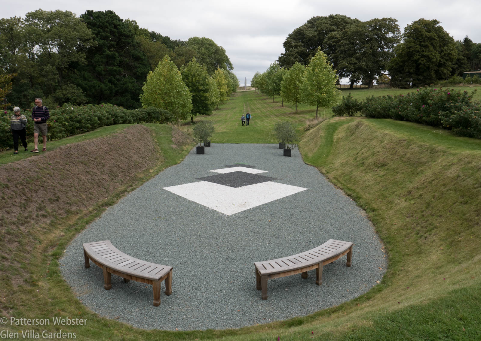 The curved benches are by Nicky Hodges.