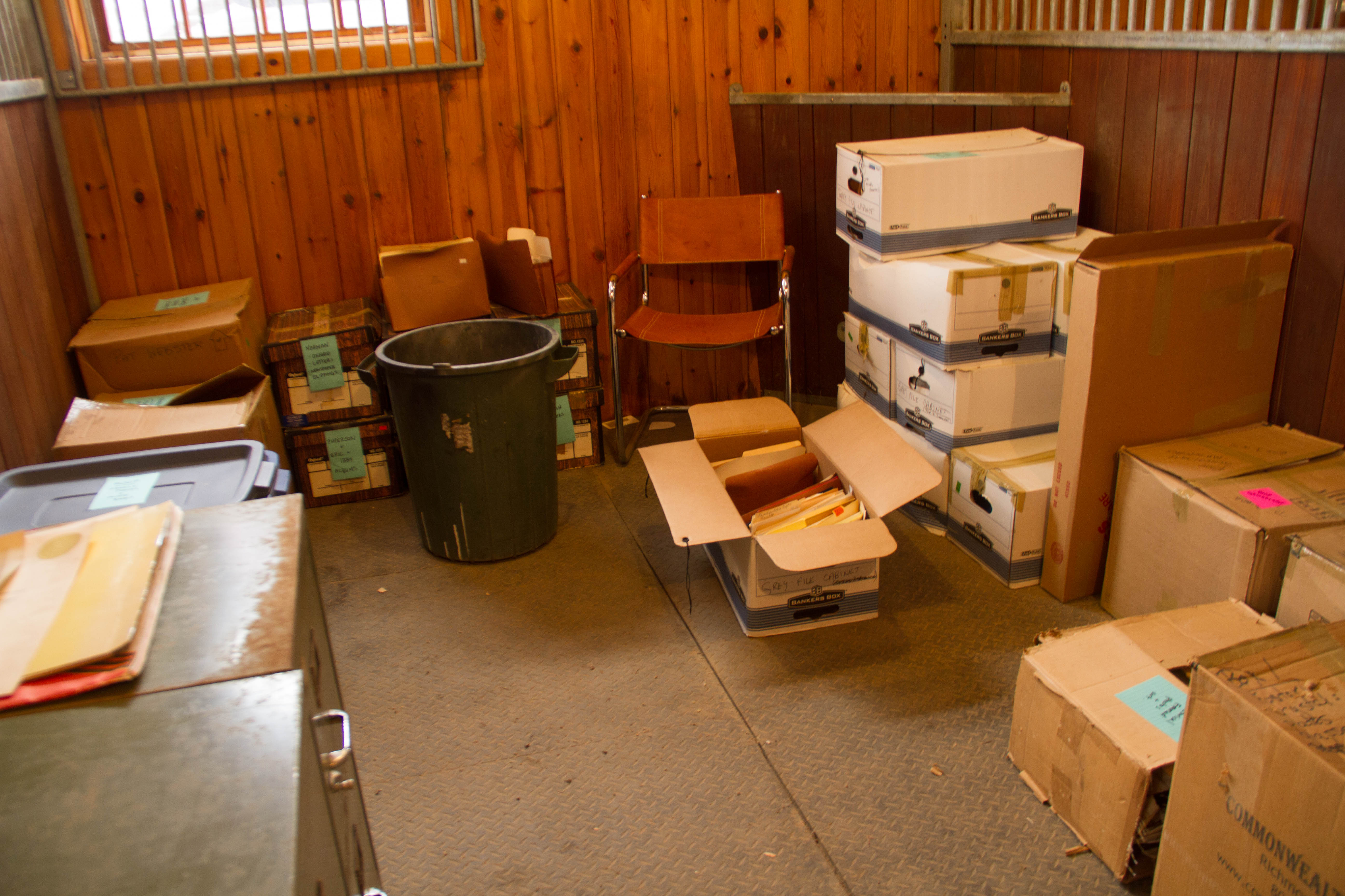 The first job was organizing the stuff in the barn -- a huge job. (Thanks, Lex!) This stall is full of boxes, many of which came from my parents ten years ago.