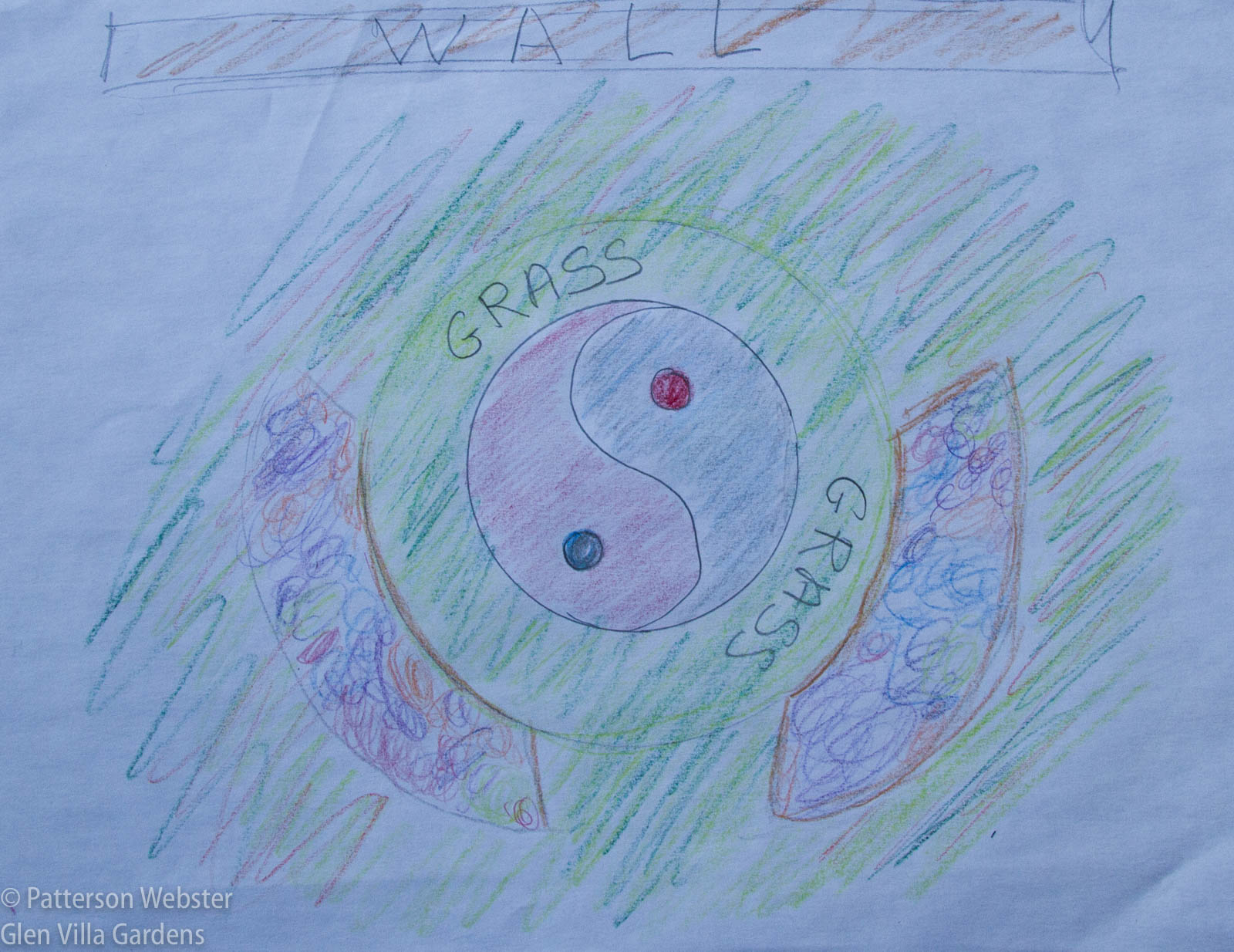 The grassy path around the stone circle would be about 10 feet wide and the planting beds roughly the same.