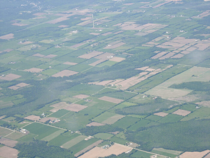 I must have taken this photo through a very dirty window. Even so, it shows how many colours a patchwork of fields can contain.