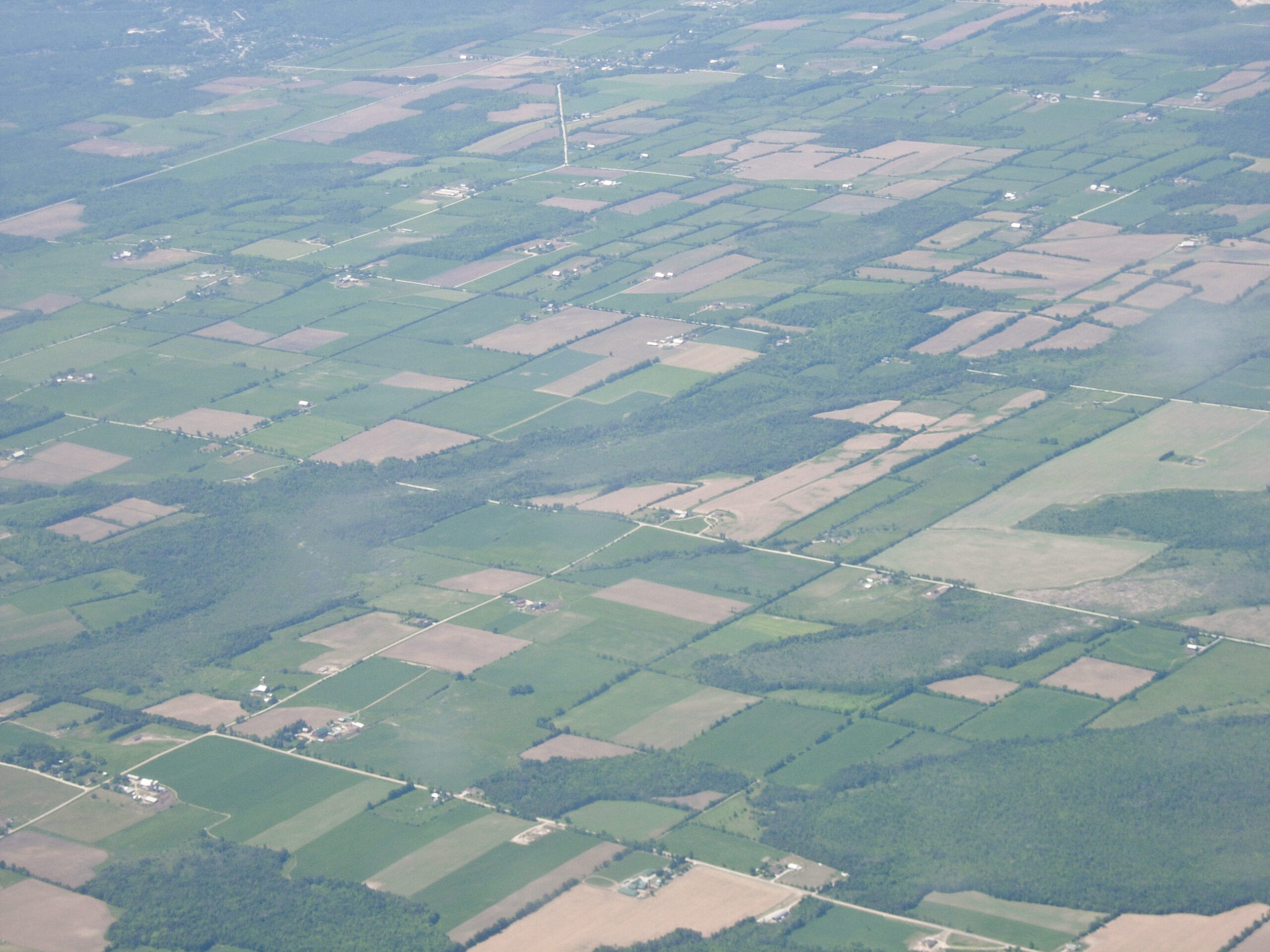 I must have taken this photo through a very dirty window. Even so, it shows how many colours a patchwork of fields can contain.